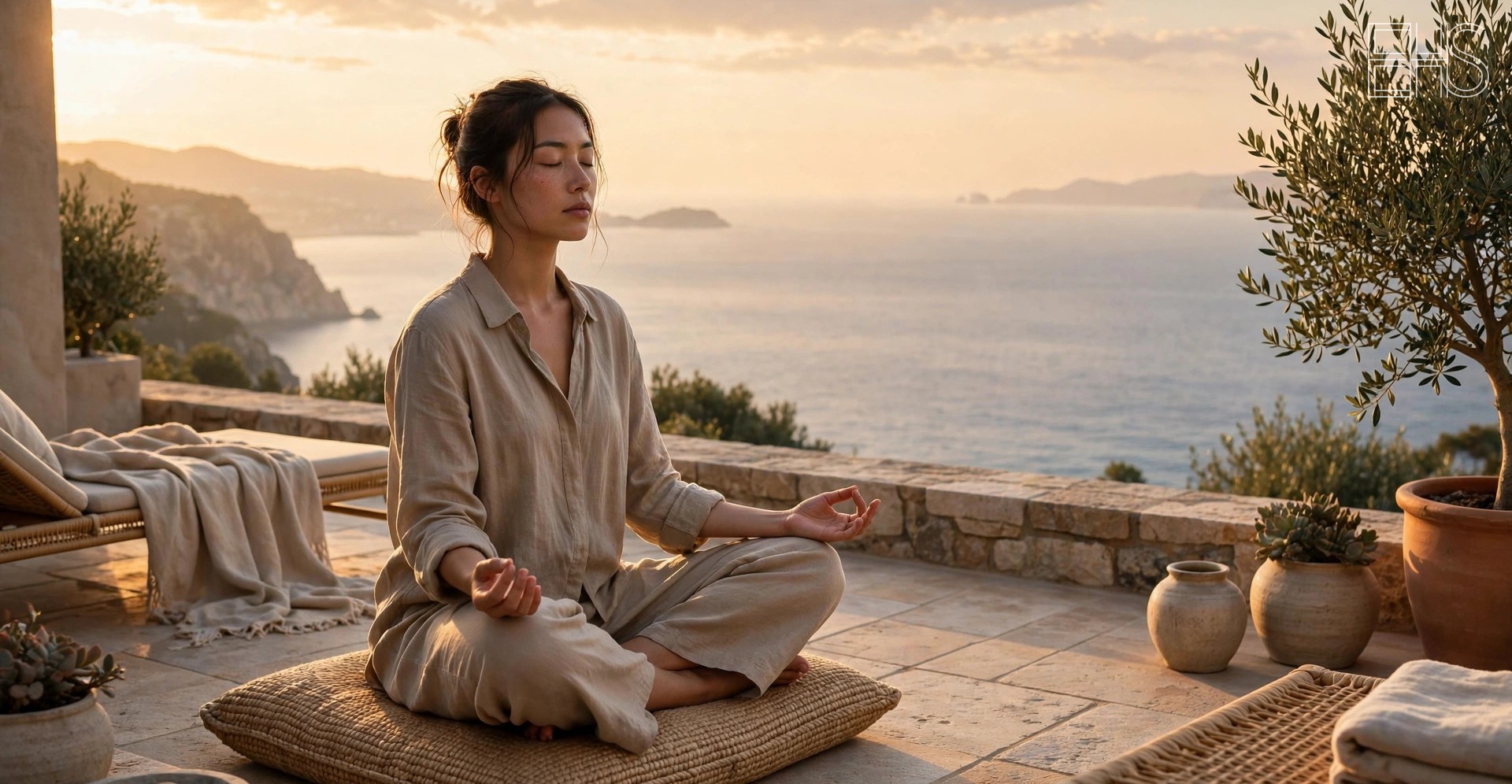 Breathwork: Grading the Claims Against the Research | EverHealthSpan EverHealthSpan editorial photo: a woman meditating on a woven cushion on a stone terrace overlooking the sea at sunrise, eyes closed in a calm breathing posture.