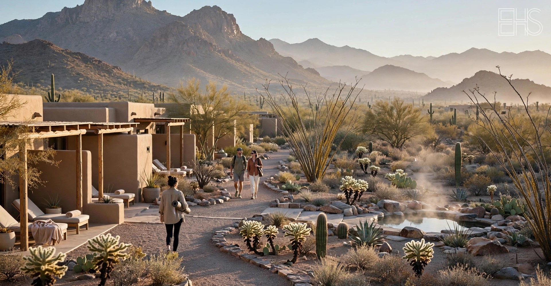 EverHealthSpan editorial photo: a sprawling desert spa campus with shaded walking paths and mountain views in the Sonoran Desert.