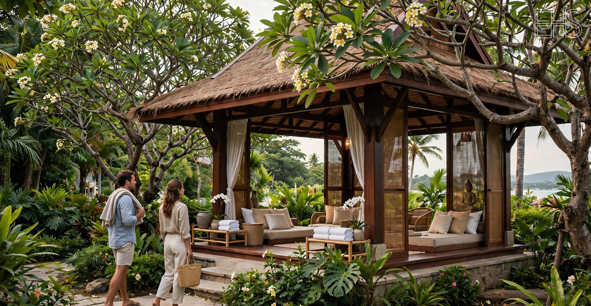 EverHealthSpan editorial photo: a palm-lined tropical garden path leading to low Thai pavilions on a beachfront wellness resort at dawn.