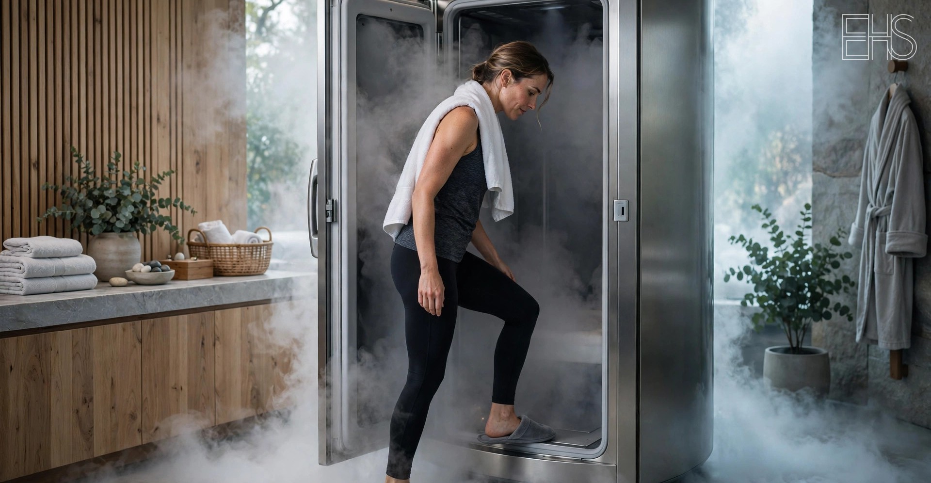 Whole-Body Cryotherapy: What the Evidence Actually Shows | EverHealthSpan EverHealthSpan editorial photo: a woman stepping into a stainless steel whole-body cryotherapy chamber as cold vapor rolls across the floor of an elegant spa interior.