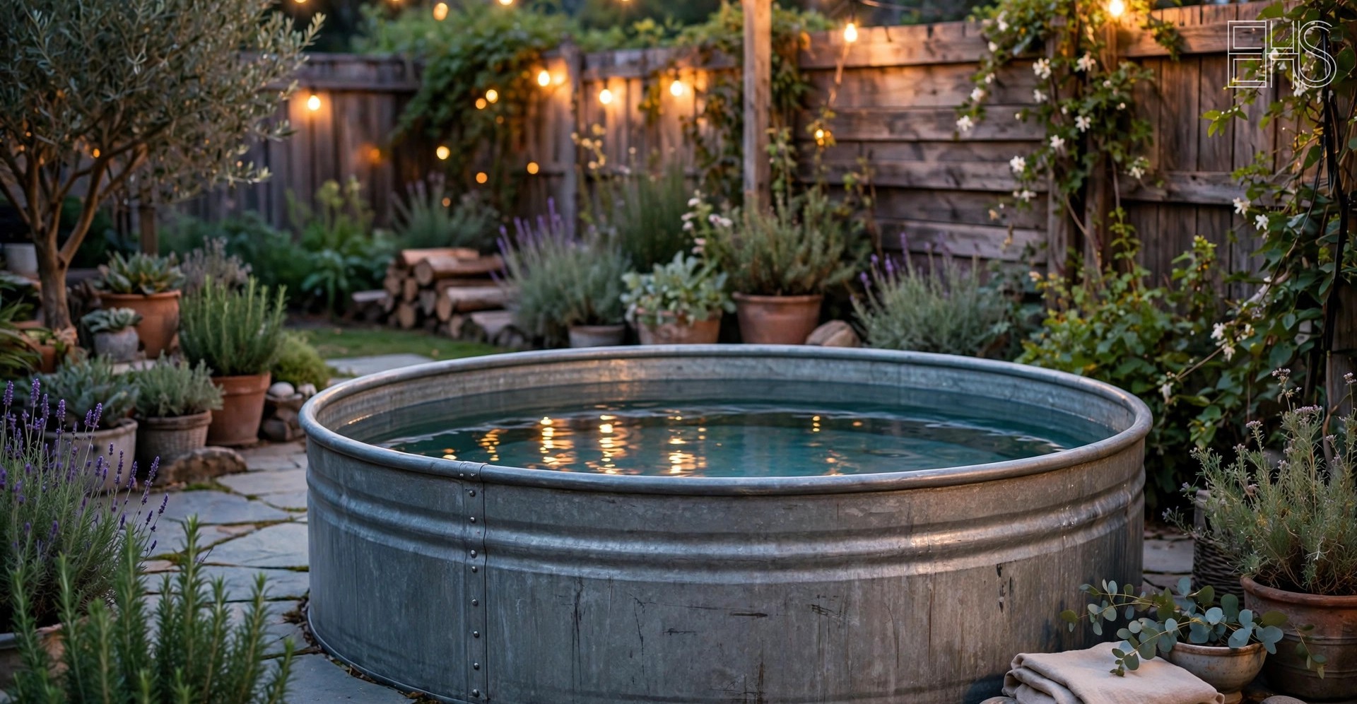 EverHealthSpan editorial photo: a galvanized stock-tank cold plunge on a stone patio in a backyard garden at dusk, string lights overhead, potted plants around.