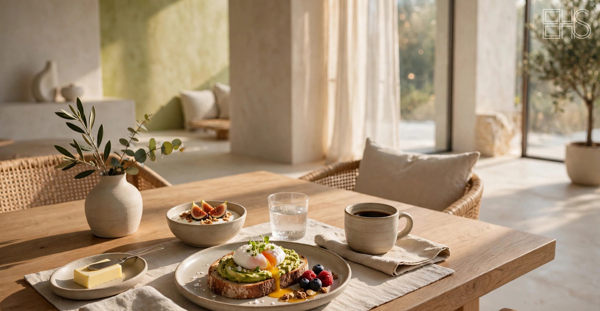 EverHealthSpan editorial photo: a sunlit wooden dining table set with avocado toast topped with a poached egg, fresh berries, yogurt with figs, butter, and a ceramic mug of coffee.