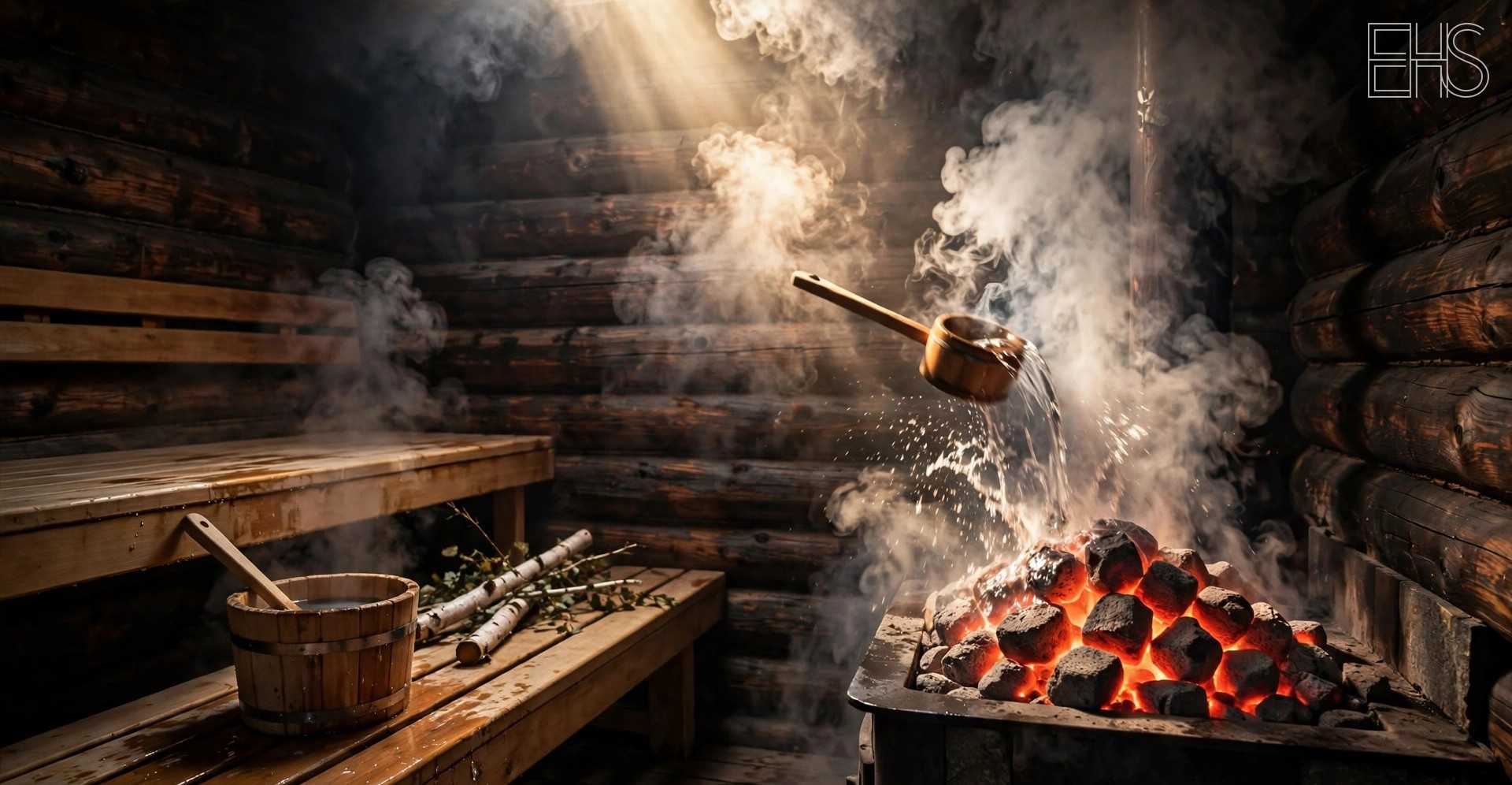 The Finnish Sauna: Stoves, Loyly, and Tradition | EverHealthSpan EverHealthSpan editorial photo: the interior of a traditional wood-fired Finnish sauna, glowing hot stones, steam rising through warm light, dark timber walls.