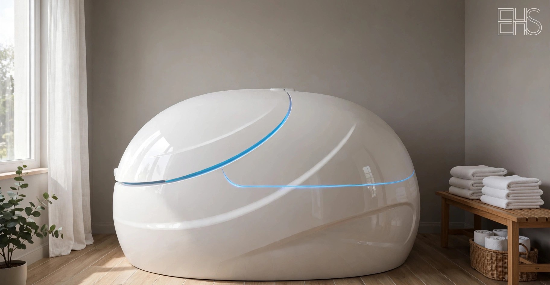 EverHealthSpan editorial photo: a sleek white sensory deprivation float pod with its curved door slightly ajar, glowing softly in a minimalist spa room with warm wood paneling and folded towels.