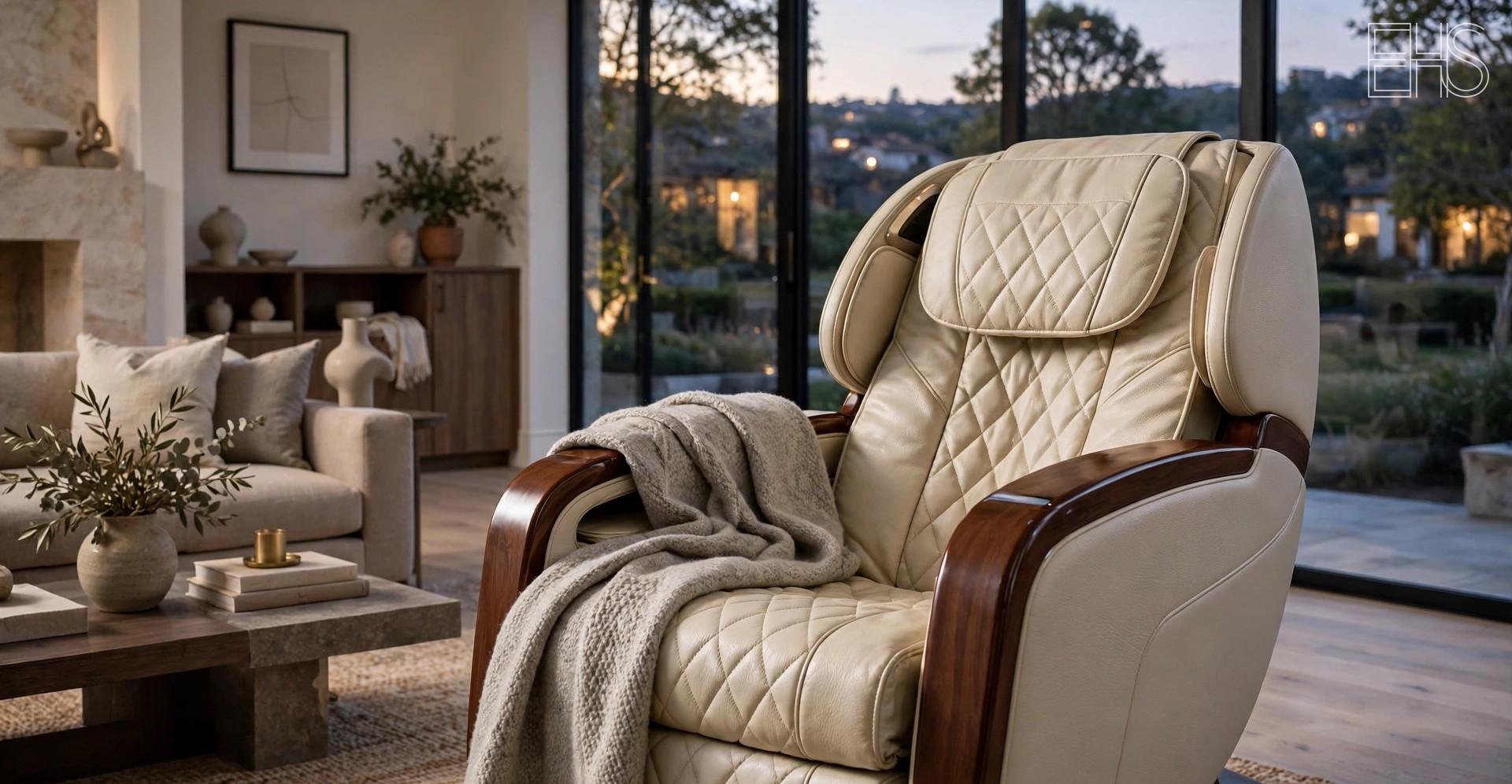 Luxury Massage Chairs: What the Top Tier Offers | EverHealthSpan EverHealthSpan editorial photo: an elegant cream leather luxury massage chair with quilted upholstery in a refined living room with floor-to-ceiling windows in soft evening light.