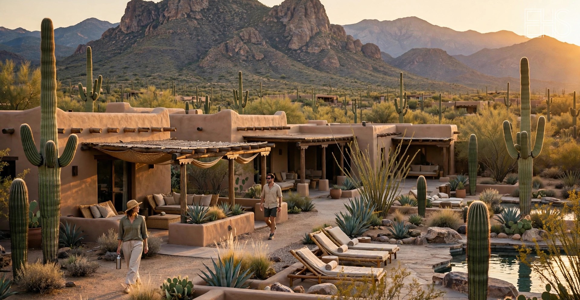Miraval Arizona: The Desert Wellness Resort | EverHealthSpan EverHealthSpan editorial photo: a low adobe-toned casita with a private patio among saguaro cacti in the Sonoran Desert at golden hour.
