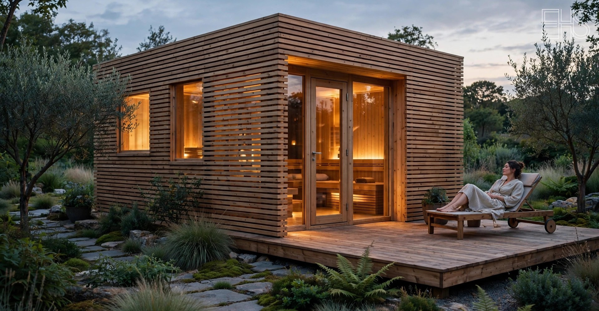 Outdoor Saunas: The Complete Buyer's Guide | EverHealthSpan EverHealthSpan editorial photo: an outdoor wooden sauna cabin in a landscaped garden at dusk, warm light glowing through its windows, a person relaxing on the wooden deck.