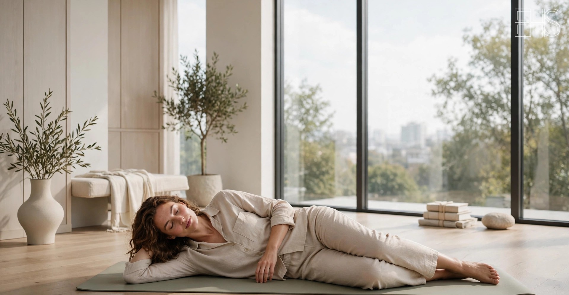 EverHealthSpan editorial photo: a person reclining on a sleek wellness mat in a bright modern room with floor-to-ceiling windows.