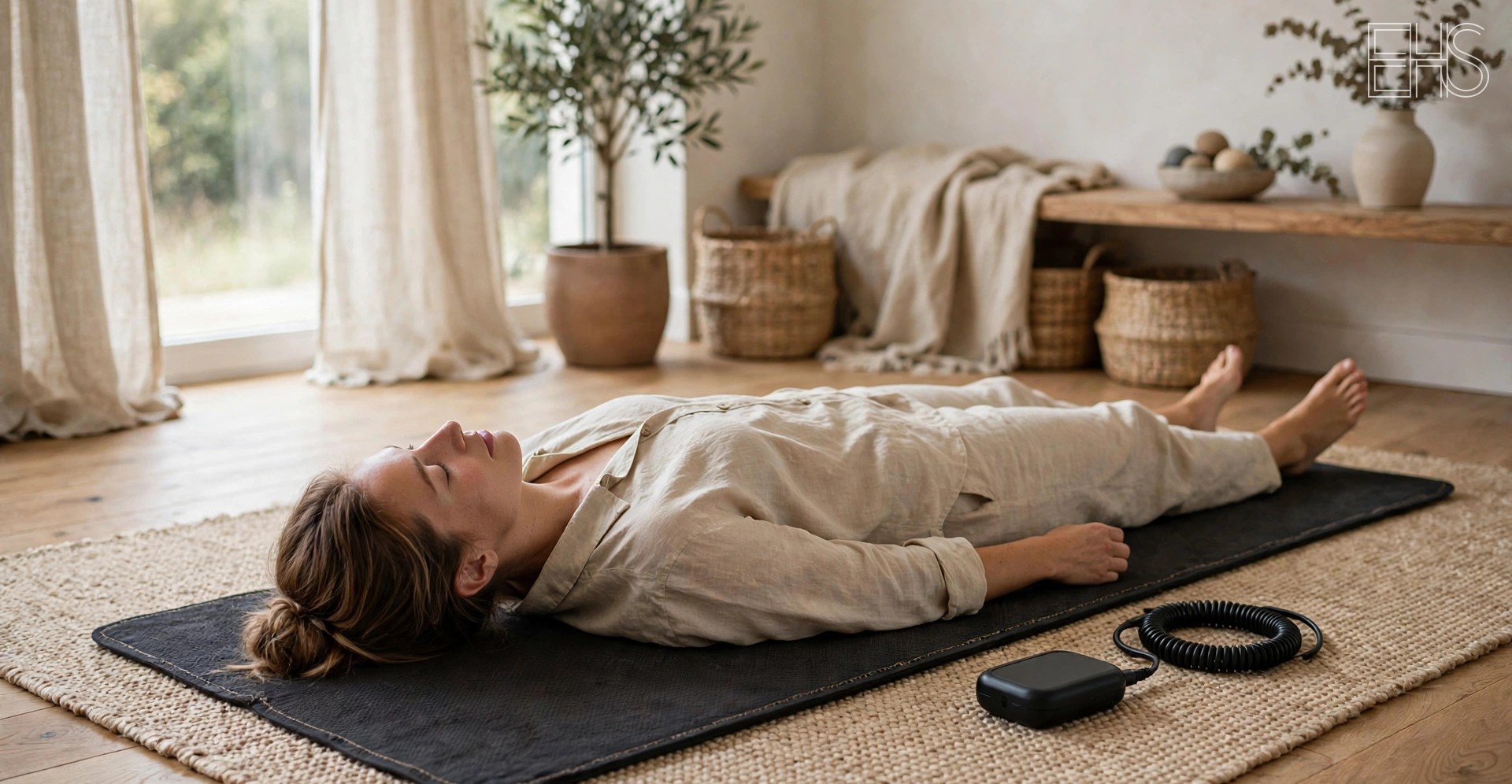 EverHealthSpan editorial photo: a person lying on a dark PEMF therapy mat in a serene light-filled wellness room, with a small control device and coiled cable beside the mat.