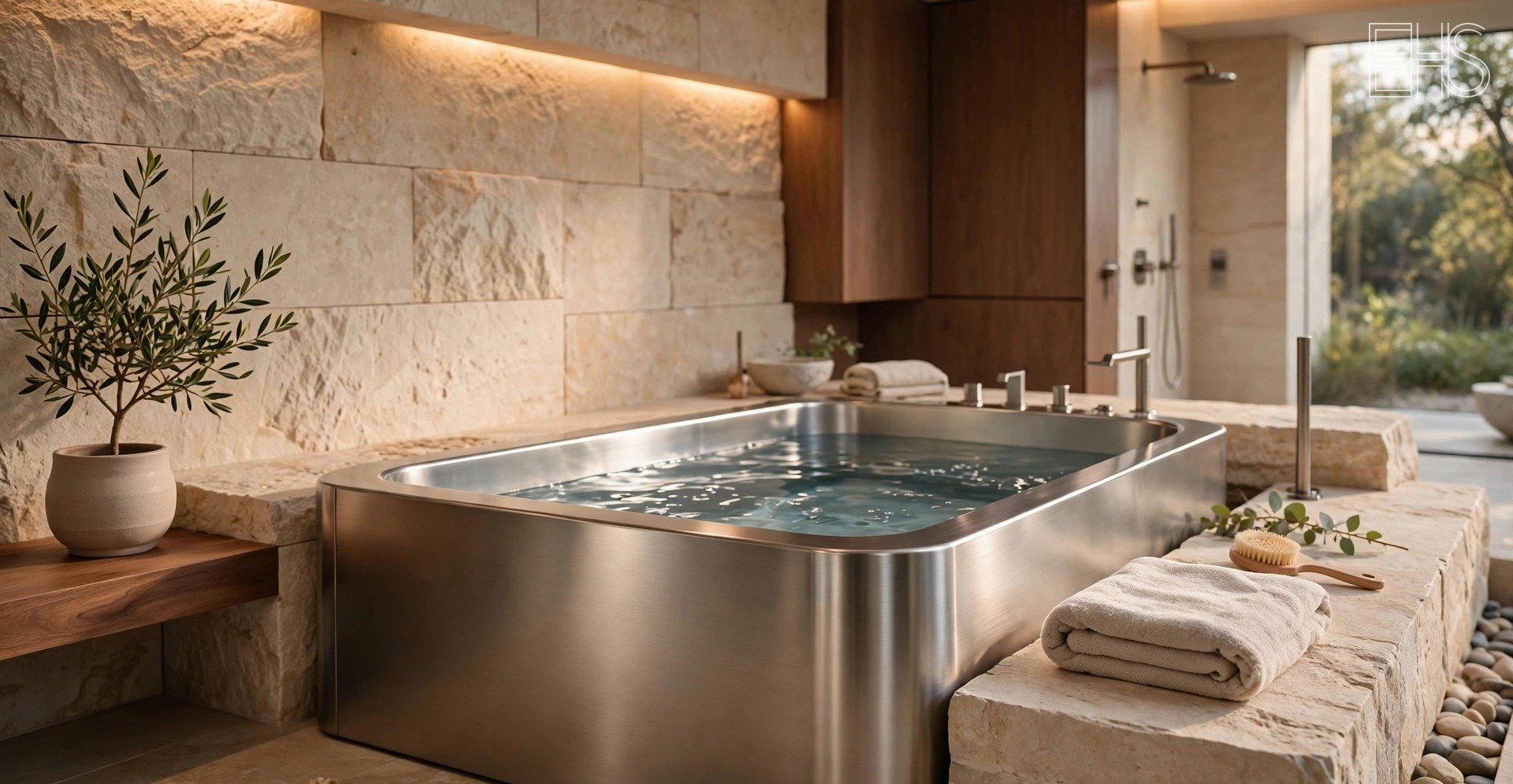 EverHealthSpan editorial photo: a brushed stainless steel cold plunge tub in a warm spa-like bathroom with travertine stone walls, cove lighting, folded towels, and a potted olive tree.