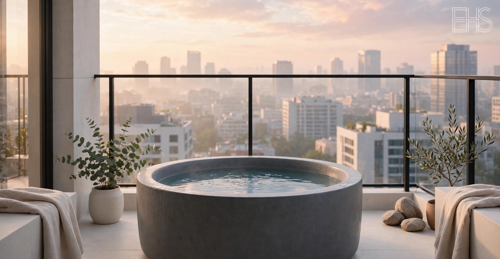 EverHealthSpan editorial photo: a compact round cold plunge tub on a city apartment balcony at sunrise, with a skyline beyond, potted plants, and folded towels.