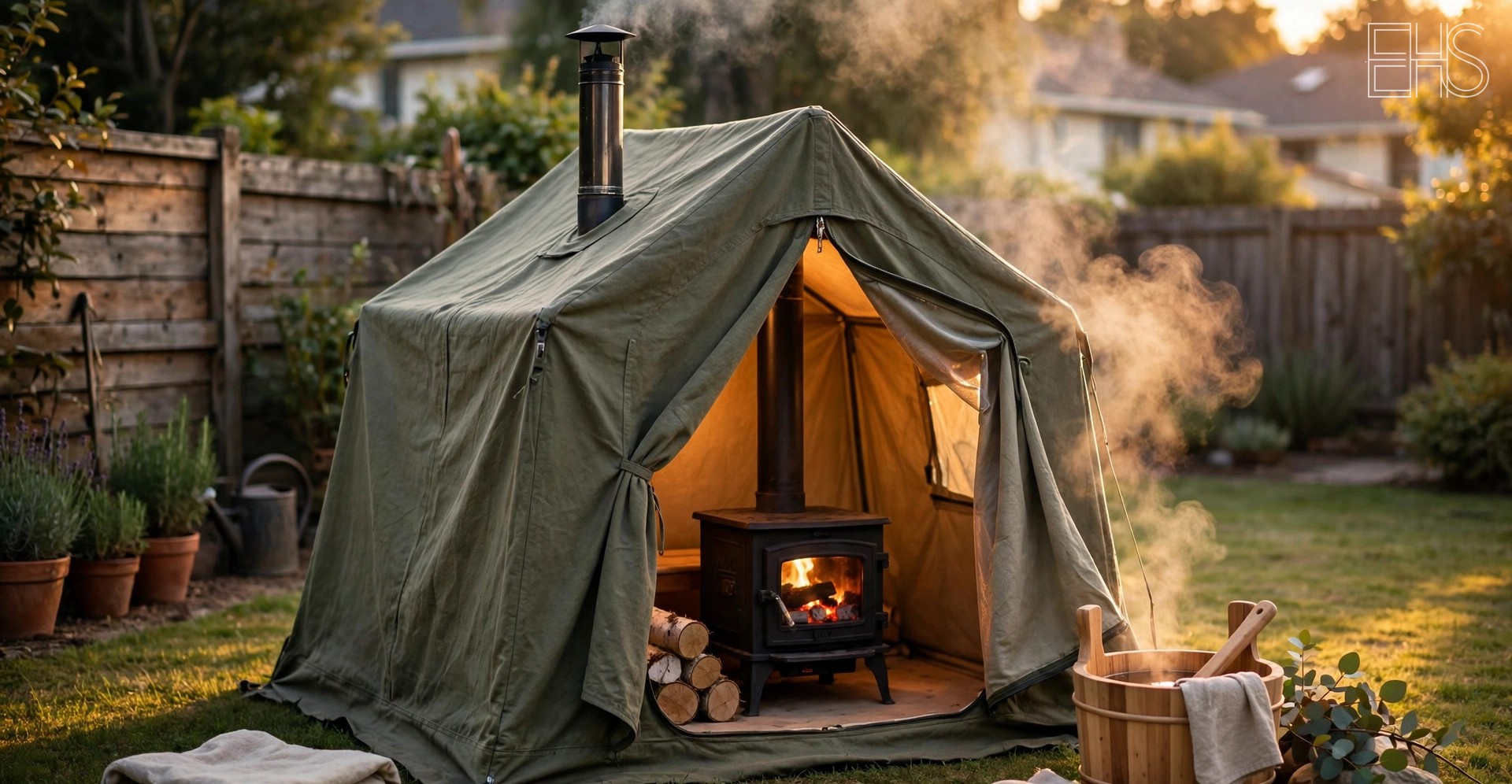 Portable Saunas and Sauna Tents: What to Know | EverHealthSpan EverHealthSpan editorial photo: a portable sauna tent with a wood stove and chimney in a suburban backyard at golden hour, steam rising.