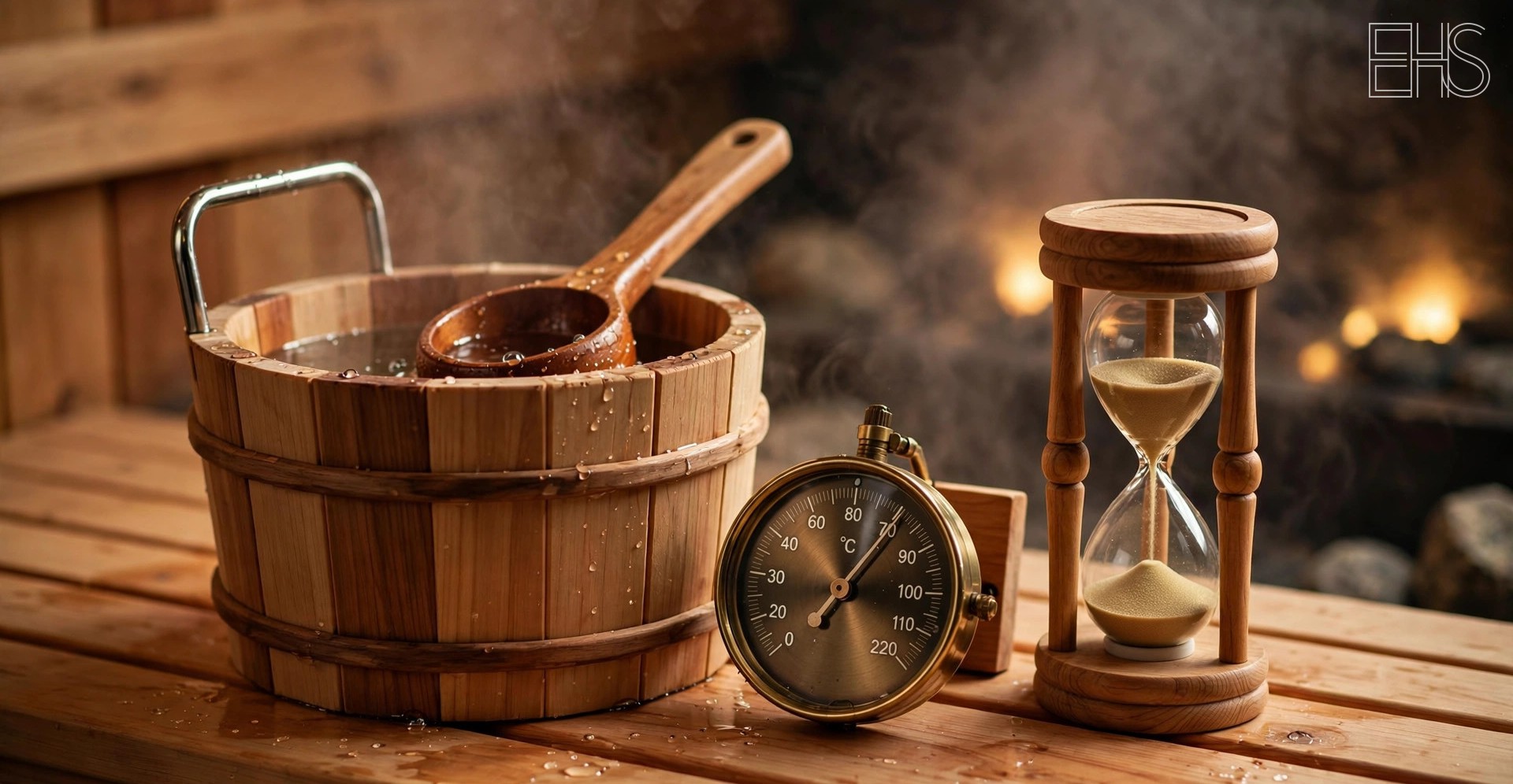 Sauna Accessories Worth Buying | EverHealthSpan EverHealthSpan editorial photo: a wooden sauna bucket and ladle, an analog thermometer, and an hourglass arranged on a cedar sauna bench.