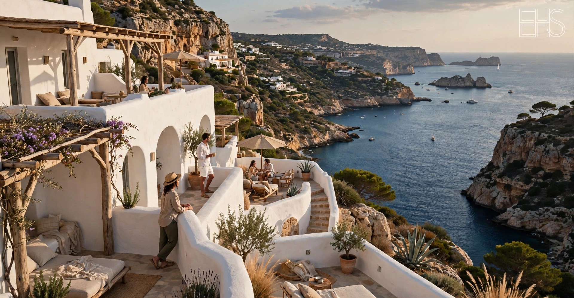 Six Senses Ibiza: Wellness on the White Isle | EverHealthSpan EverHealthSpan editorial photo: cliffside cave suites with deep terraces overlooking a secluded Mediterranean bay at sunset.