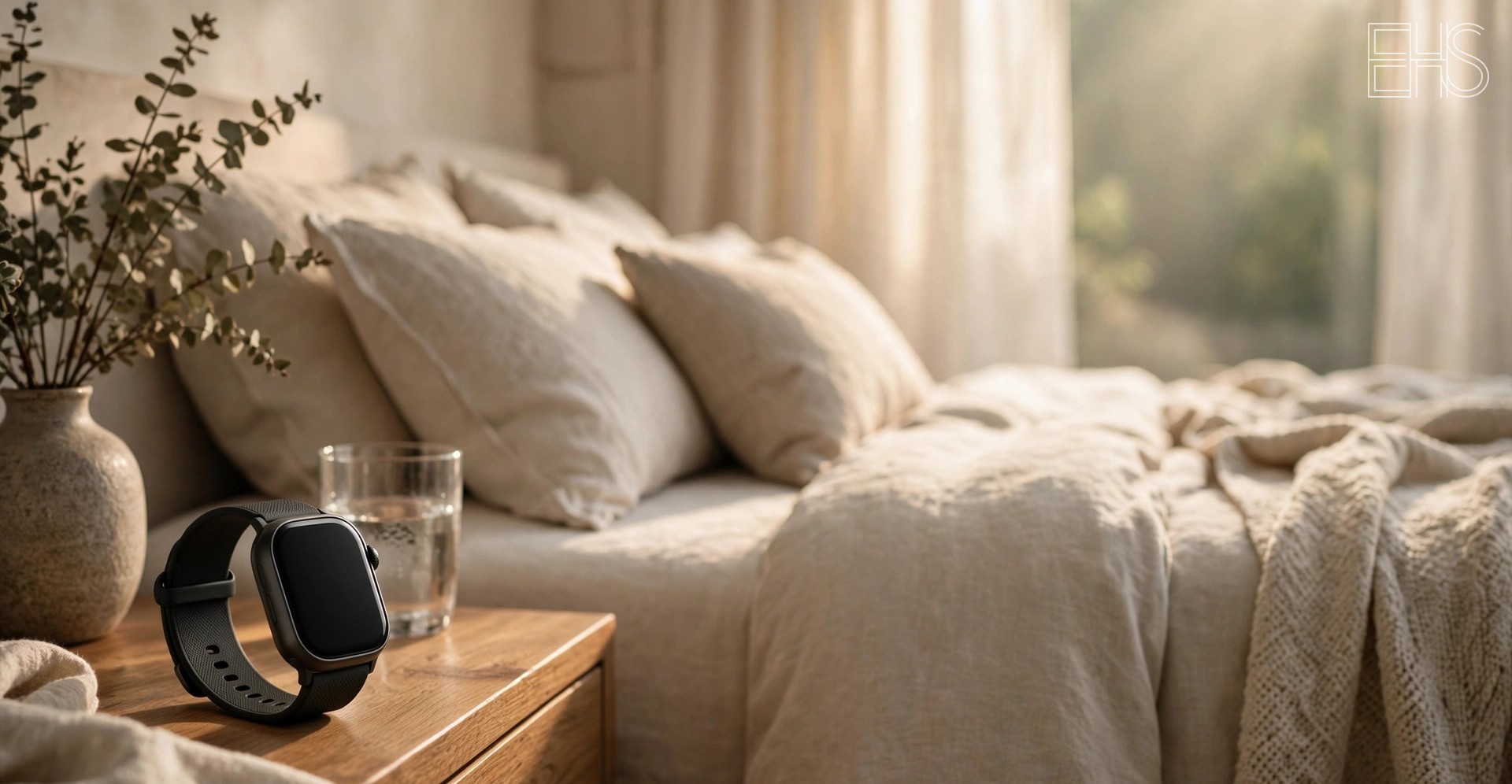 EverHealthSpan editorial photo: a smartwatch resting on a wooden nightstand beside a neatly made bed in a sunlit luxury bedroom.