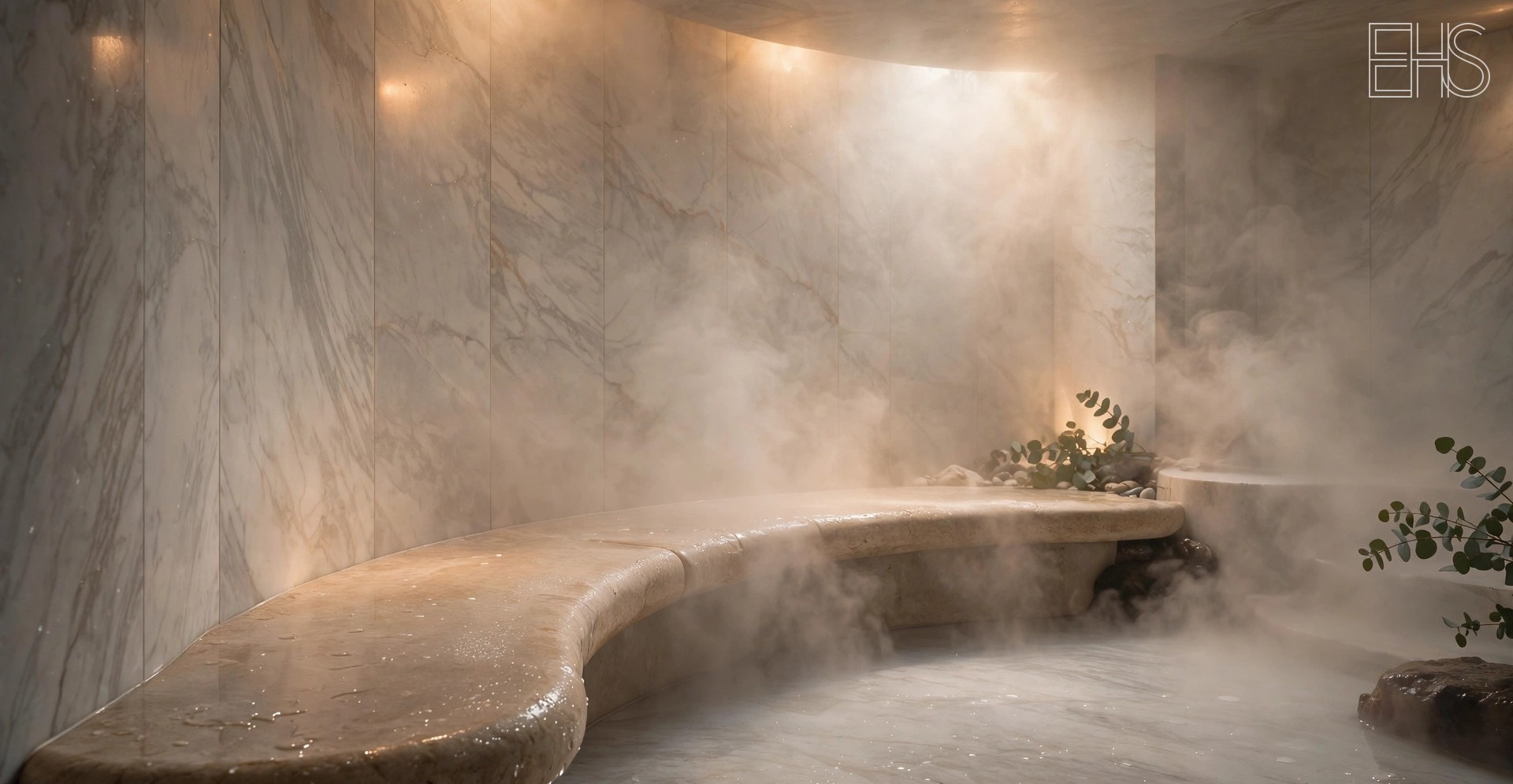 Steam Room vs. Sauna: Which Fits Your Home | EverHealthSpan EverHealthSpan editorial photo: an elegant marble steam room with a curved stone bench and soft mist drifting through warm light.